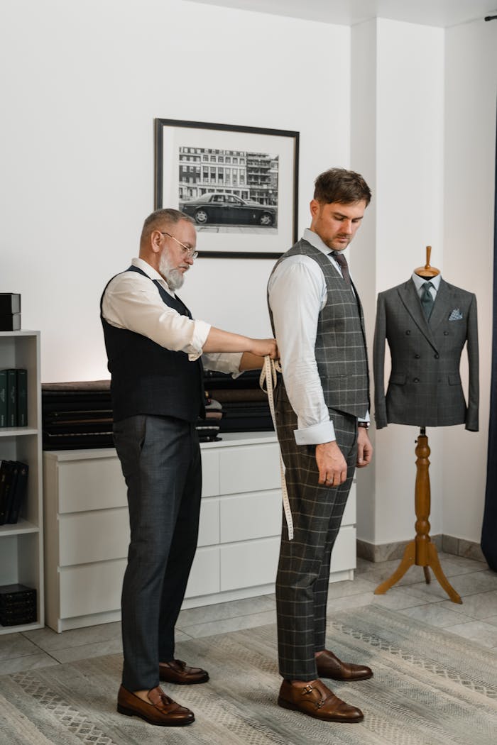 Expert tailor fitting a clients designer suit in a luxury atelier setting.